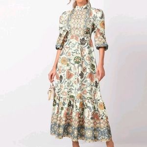 SHEIN Mock Neck Puff Sleeve Floral Print Maxi Dress